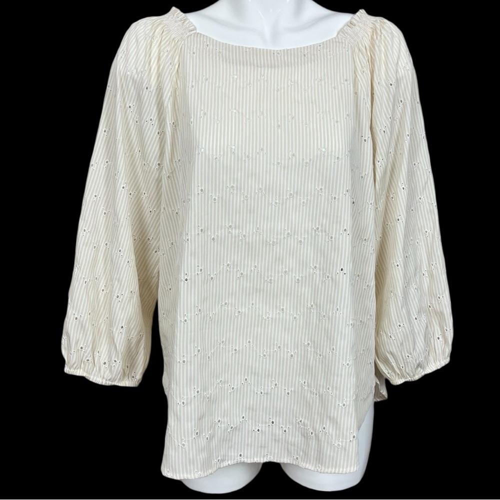 LOFT Pale Yellow and White Striped Smocked Shoulder Eyelet Blouse Size Large